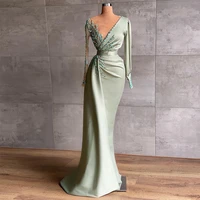 on zhu exquisite beading satin mermaid prom dresses long sleeves v neck evening gown pleats dubai women formal party gown