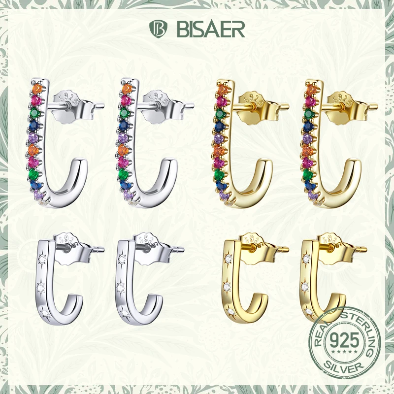 

BISAER Stud Earrings Christmas Cane Multicolour Zircons 925 Sterling Silver Earrings For Women Wedding Party Jewelry Fine Gift