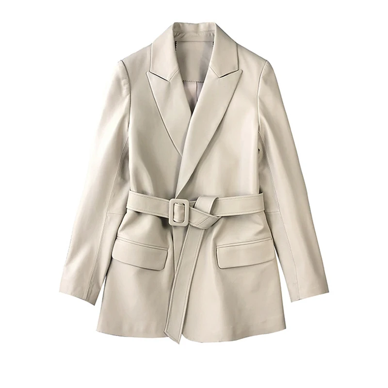 

2023 Spring and Autumn New Women Original Designer Genuine Jacket Simple Lambskin Suit with Belt Real Leather Long Coat