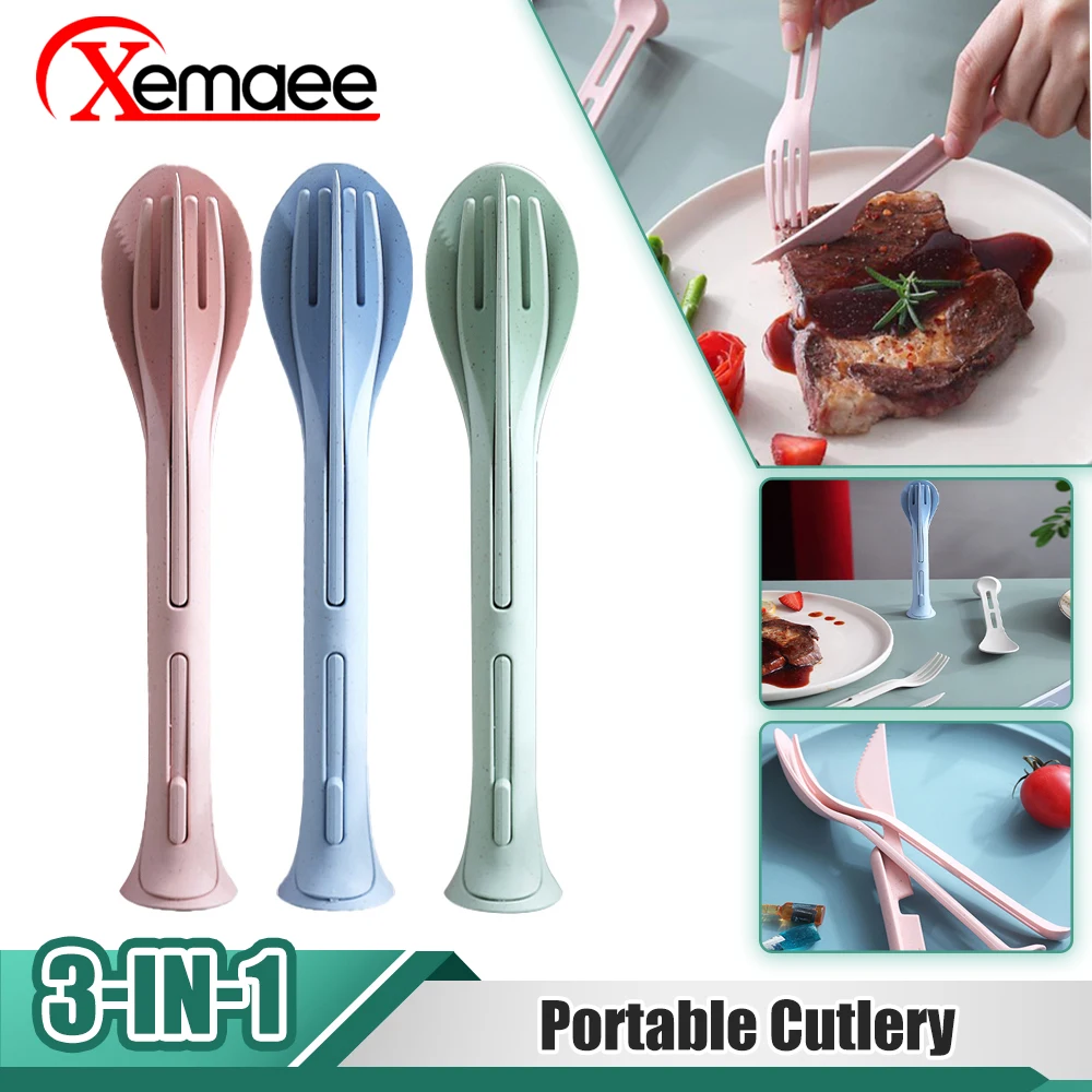 

3 In 1 Travel Portable Tableware Set Japanese School Children's Tableware Wheat Straw Knife Fork Spoon Set Kitchen Tableware