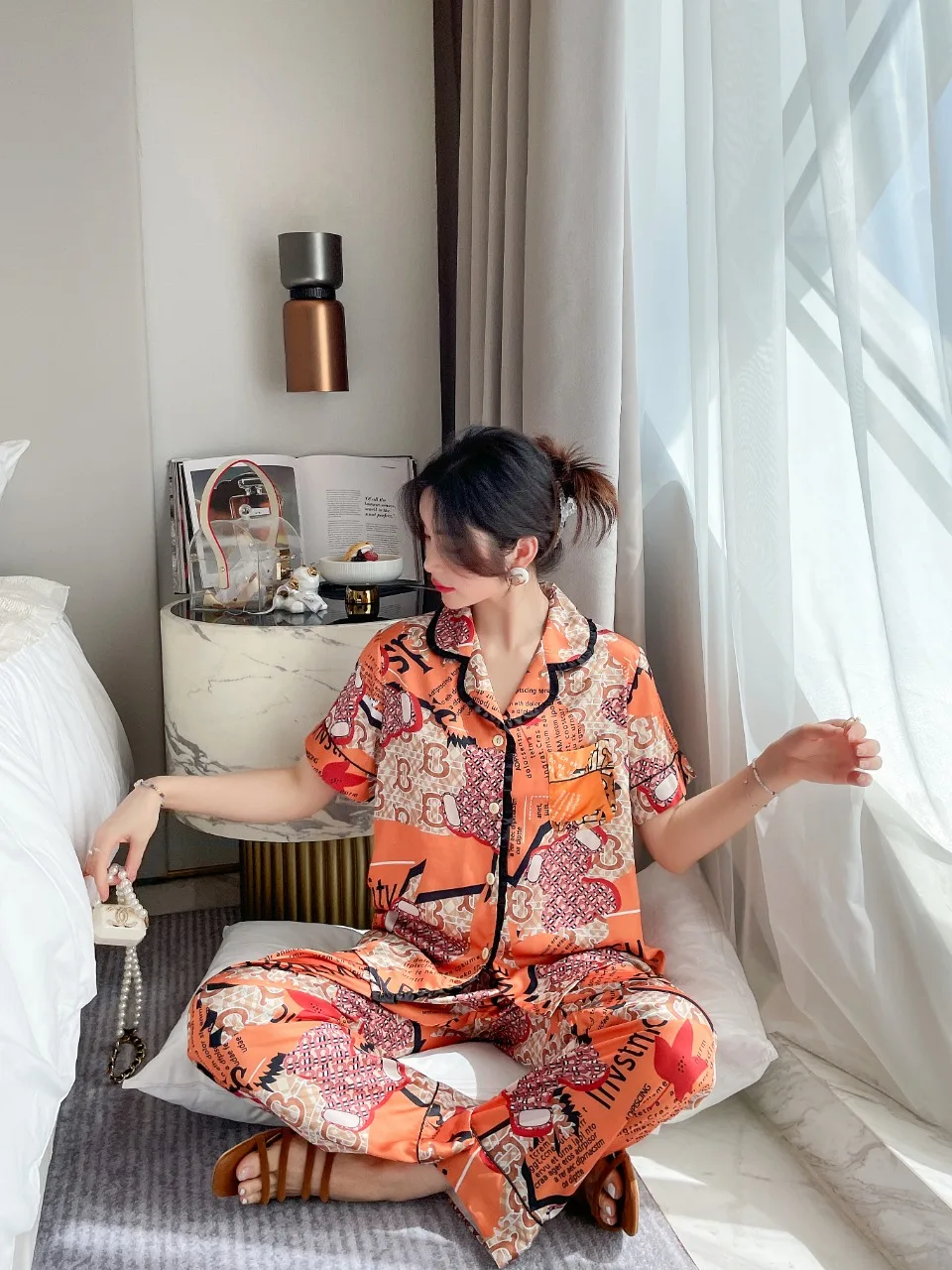 [Women's pajamas] [high-quality]Pajamas Women's Summer Ear Edge Short Sleeve Long Pants Printed Cardigan Ice Silk Set Home Fur