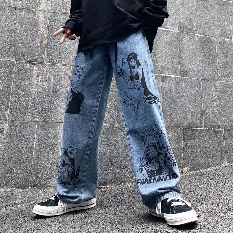 Jeans Men's Brand Clothing Cartoon Printing Harajuku Korean Casual Fashion Graffiti Loose Wide-leg 9-point Pants Men Streetwear