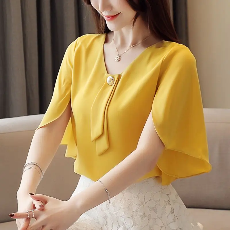 Women Diamonds Solid Chiffon Shirts Summer Petal Sleeve Korean Fashion Elegant Blouse Female Clothing Simple All-match Tops