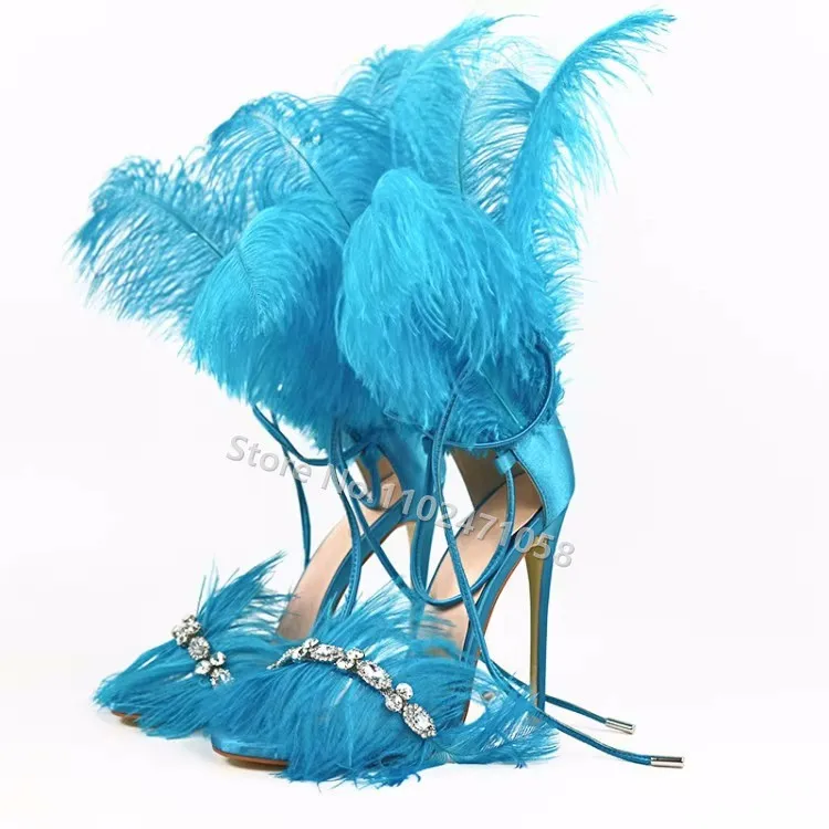 

Crystal Tassels Feather Decor Women Sandals Ankle Tied Cover Heel Stilettos Runway Design High Heels Party Woman Shoes