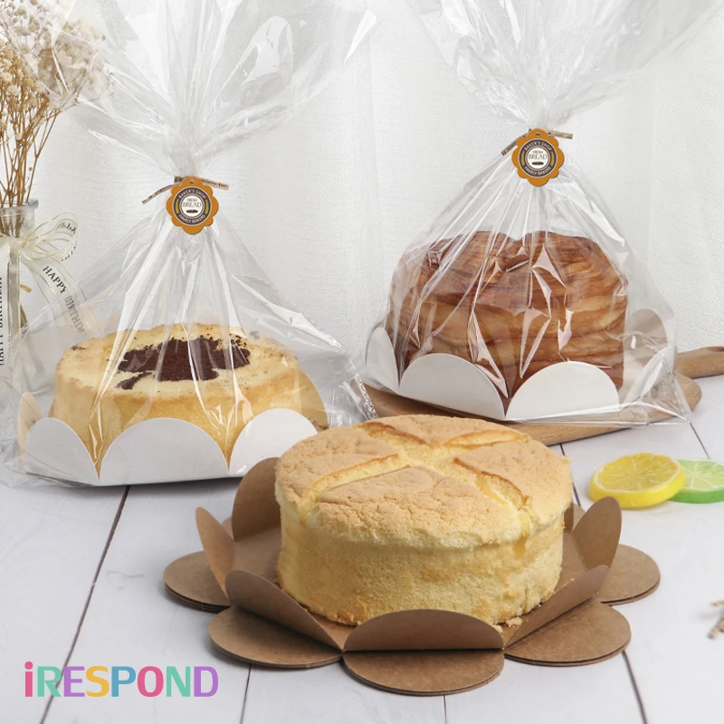 

10PCS 6/8inch Chiffon Cake Bread Packing Bags With Paper Tray Toast Dessert Mozzarella Baking Bakery Food Transparent Packaging