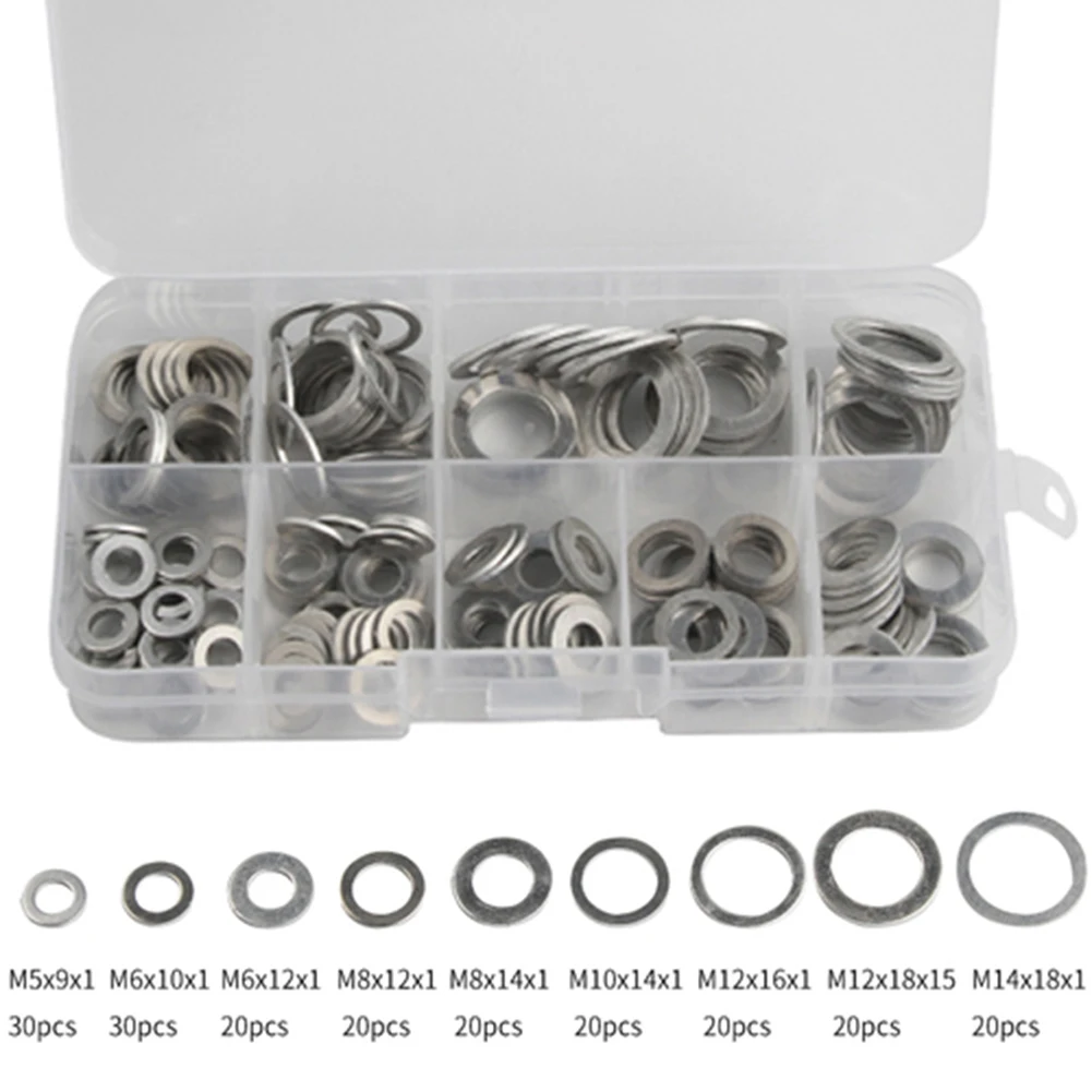 

200pcs Aluminum Flat Gaskets Assorted Metal Gaskets Sealing Rings W/ Box For Damaged Washers Replacement Hardware Tools