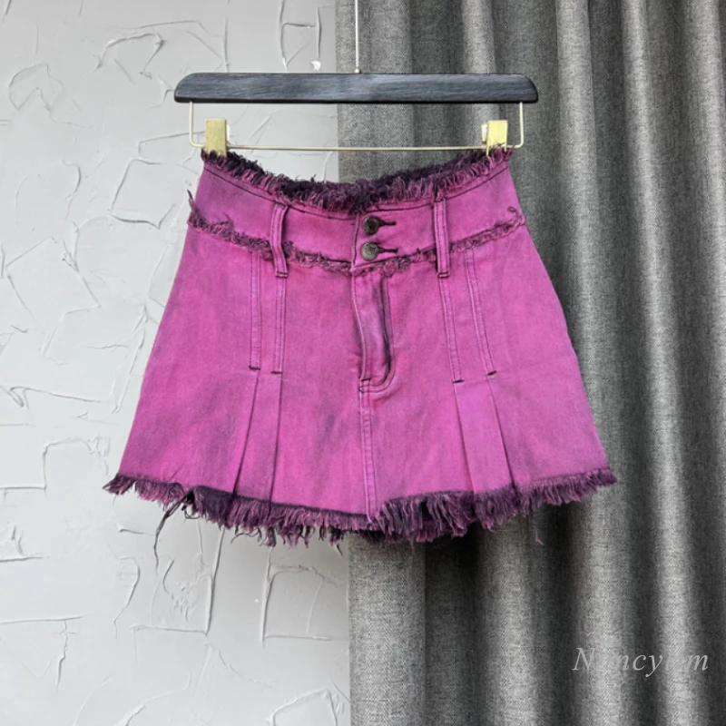 

Purple Denim Skirt for Women 2022 Spring Summer Tassel Edge High Waist A- Line Faldas Slim Fit Korean Style Hip Jupe Femme Mini