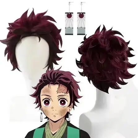 Парик для косплея Tanjiro Kamado из аниме парик коротких каштановых и коричневых