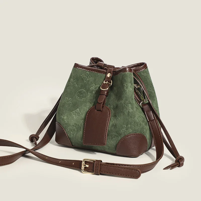 2022 Women's Designer Velvet Plaid Bucket Purse Handbags Female Crossbody Shoulder Bag Small Messenger Bags Casual Vintage Retro