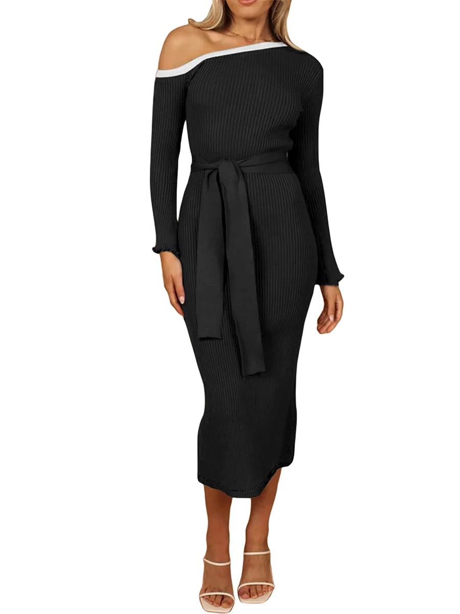 

Women Elegant Long Sleeve Off Shoulder Long Dress Casual Contrast Color Wrap Waist Tie Up Knitted