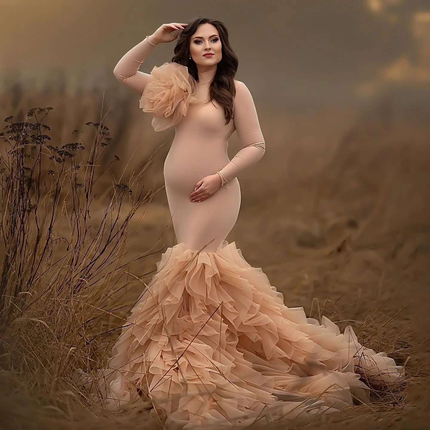 

Champagne Mermaid Maternity Dress for Photoshoot High Neck Strench Pregnant Women Photography Dresses Babyshower Gowns for Fotos