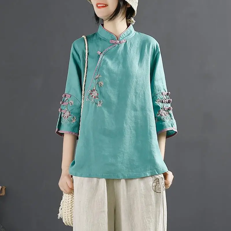 

New Chinese Style Retro Cotton and Linen Shirt Women Spring Summer Chinese Stand-up Collar Button Blouse Embroidered Tea Service