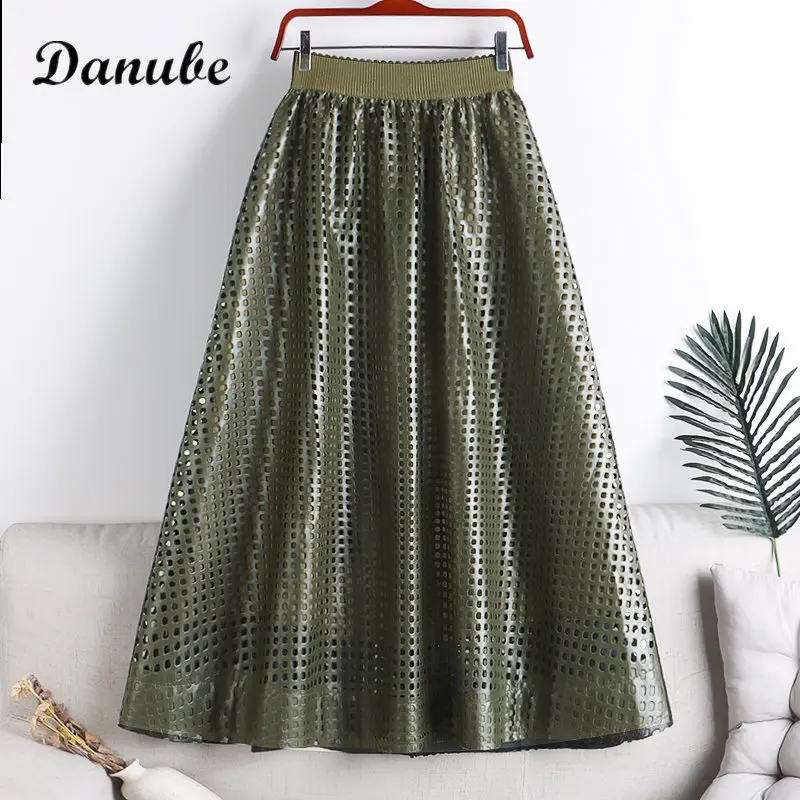 

Женская винтажная юбка из искусственной кожи, элегантная трапециевидная зеленая юбка средней длины с высокой талией и поясом на резинке, лето 2023