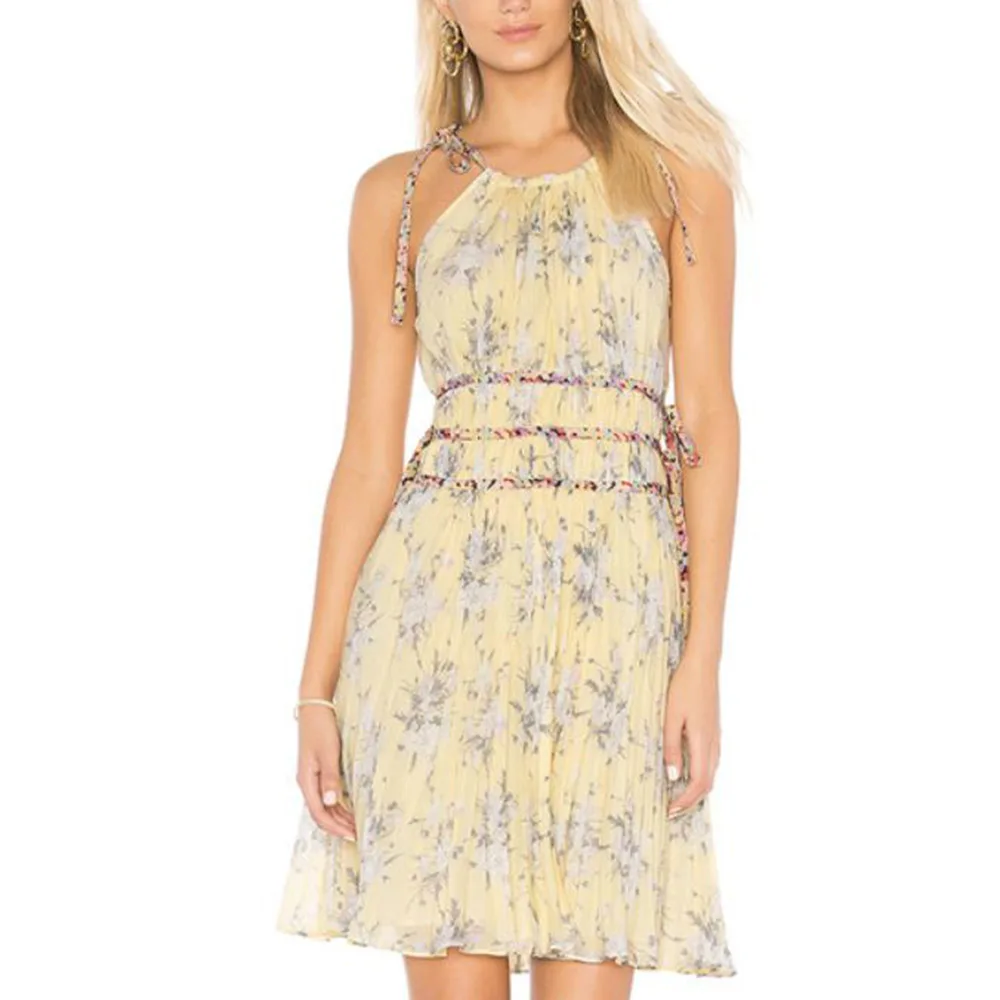 

Floral Print Women Summer Spaghetti Strap Beach Mini Dress Pleated Patchwork Sleeveless Fashion Casual Ethnic Sweet Short Dress