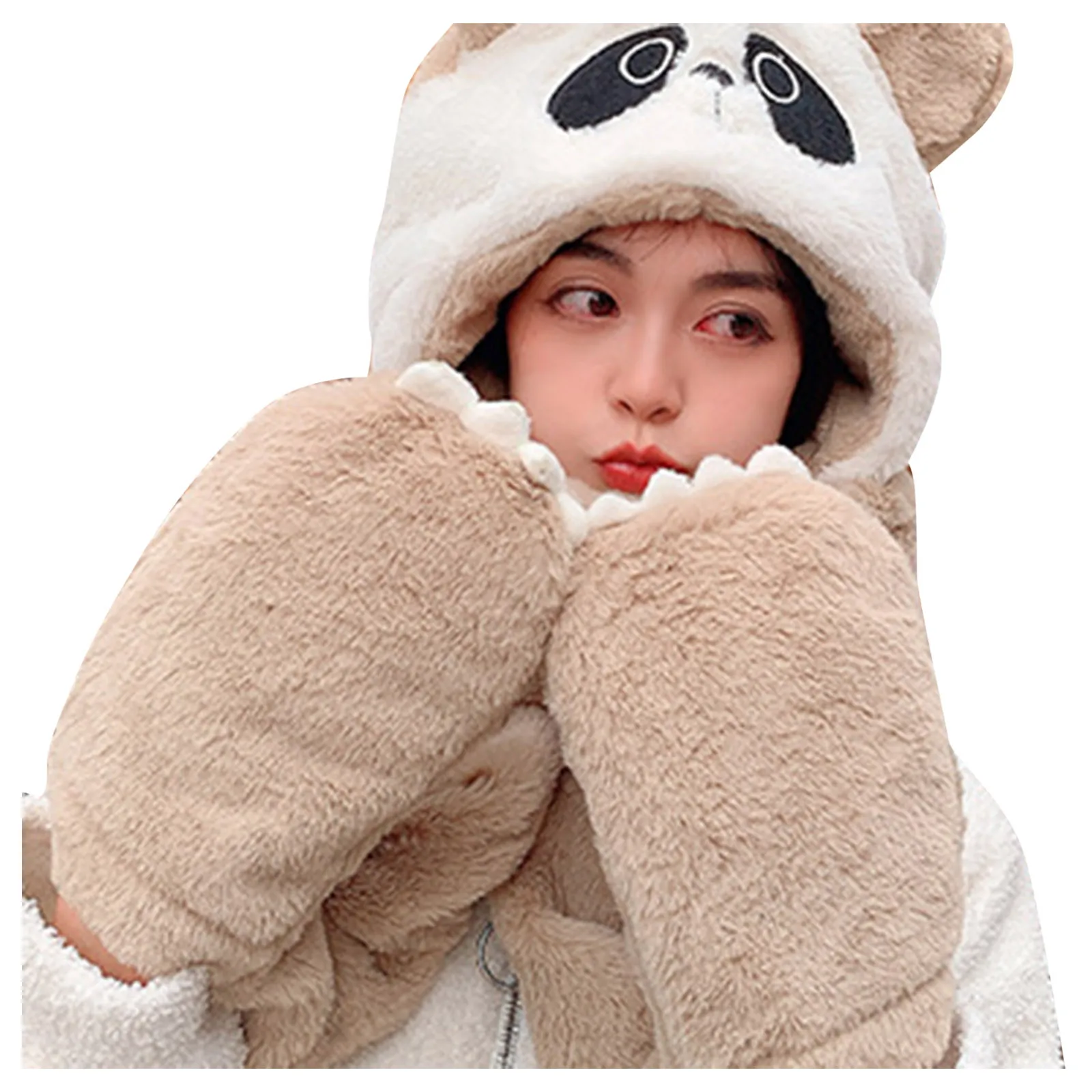 

Women Female Plush Hat Warm Cartoon Scarf Hat Double-Layer Patchwork Scarf Thick Gloves Solid Color Baseball Cap Snapback Caps