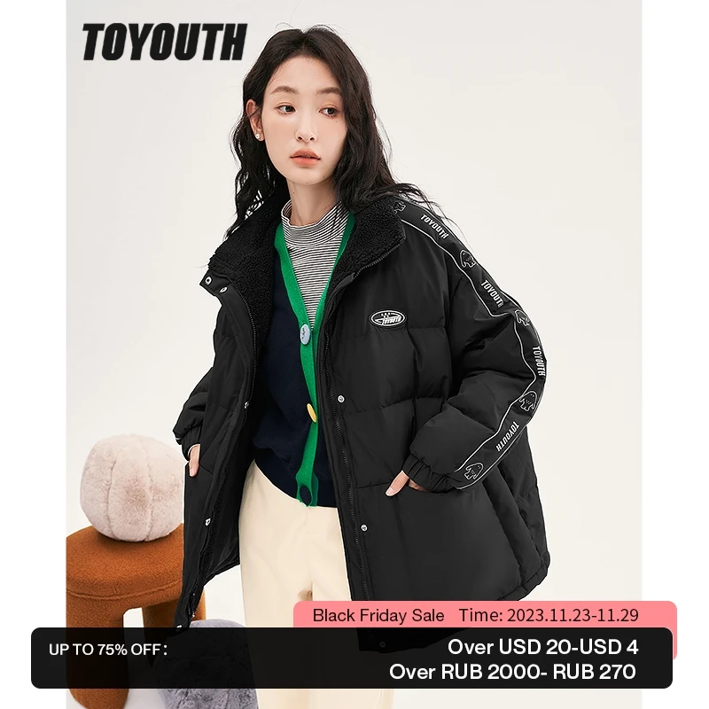 

Toyouth Women Thick Down Jacket 2022 Winter Stand Collar Duck Down Warm Windproof Coat with Pocket Black Casual Print Outwear