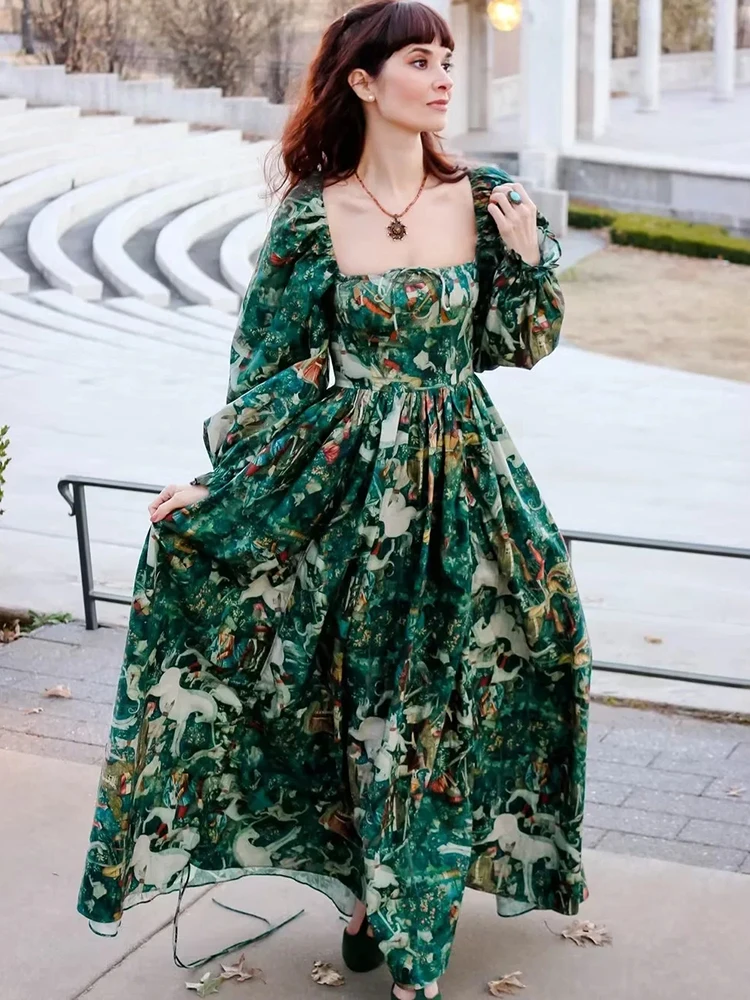 

Винтажное платье-макси Gypsylady в стиле бохо с цветочным принтом, зеленые женские платья на шнуровке с оборками, сексуальные праздничные женск...