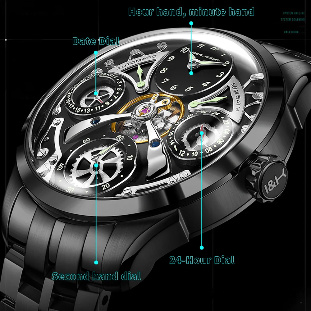 Фото Мужские часы IDEAL KNIGHT 6820: Роскошные, оригинальные, персонализированные, с полым механизмом, высококлассные, полностью автоматические, механические №4