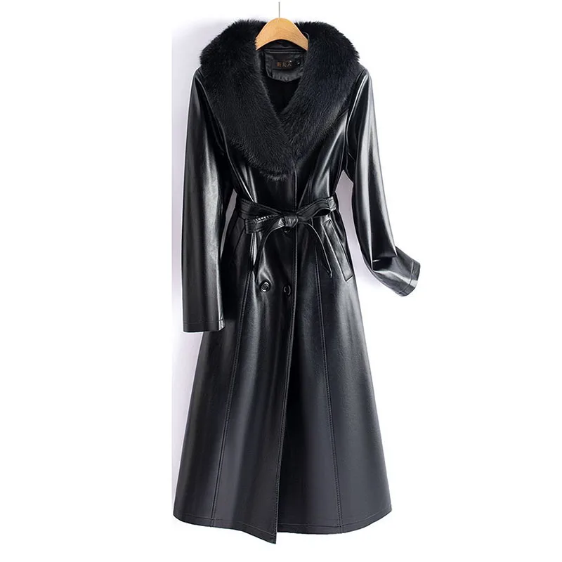 Женское толстое женское кожаное пальто средней длины из натуральной кожи