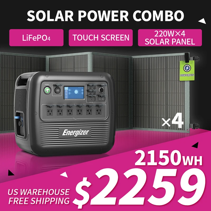 

POWERWIN PPS2000 Energizer Portable Power Station LiFePO4 Battery Touch Screen 4*PWS220 Foldable Solar Panel ETFE Fast QC Output