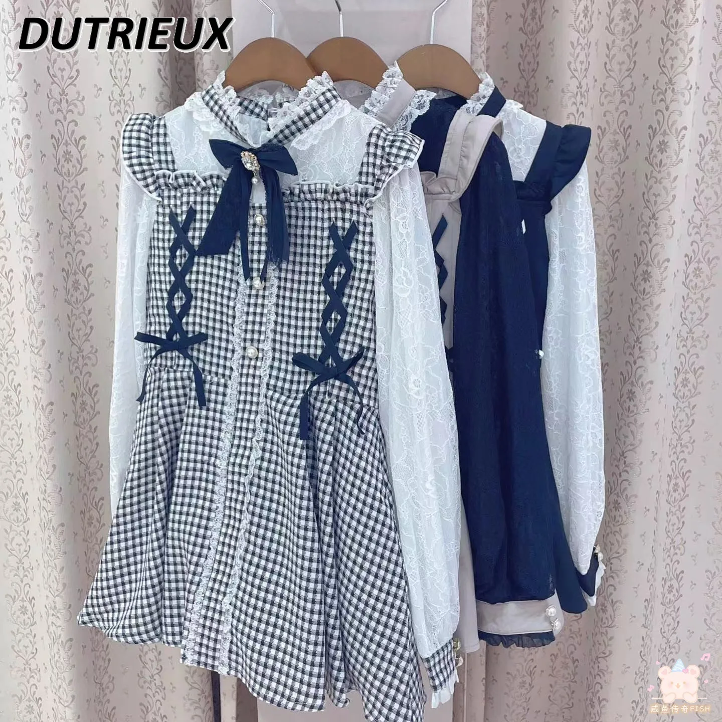 

Japanese Style Rojita Two Piece Set Outfits Crystal Brooch Lace-up Plaid Stitching Tops Mine Mass-Produced Dress + Culottes Suit