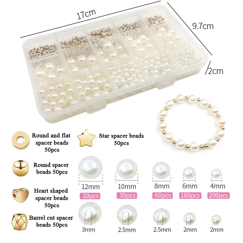 720pcs CCB Pearl Set 4mm 6mm 8mm 10mm 12mm Loose Spacer Beads Connectors for DIY Bracelets Necklace Jewelry Making Accessories