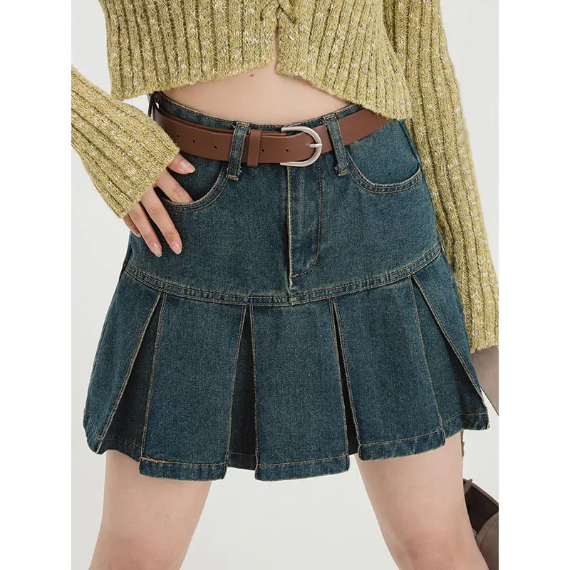 

Vintage Pleated Denim Skirt Women's Summer New Korean Style Ins High Waist Slimming Hot Girl A- line Skirt Fashion