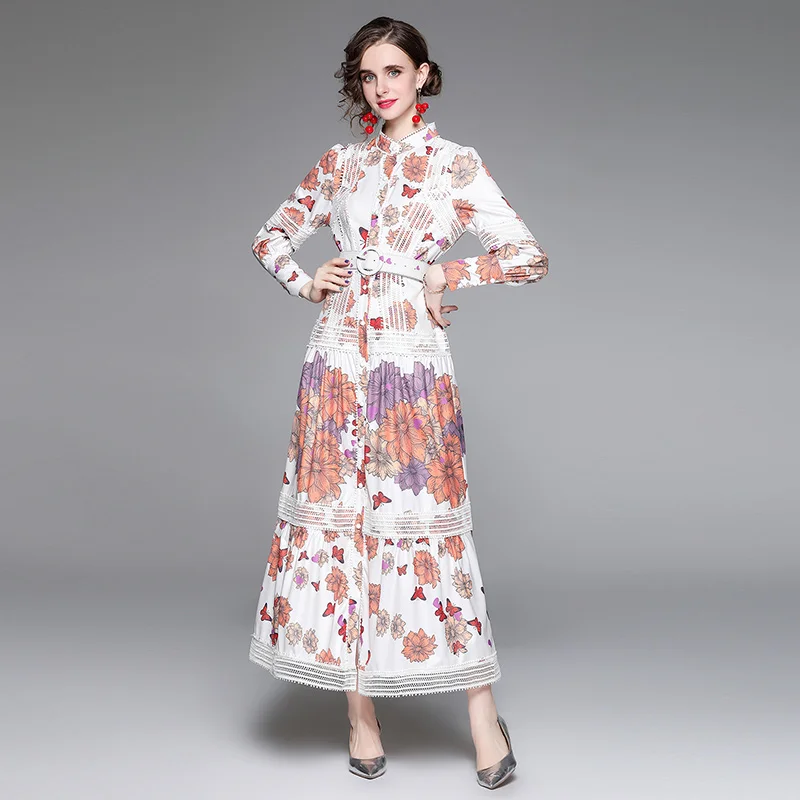 

Spring Hollow Out Maxi Dress Retro Print Butterfly Floral Stand-up Collar Puff Sleeve Single Breast Large Swing Long Dress 2022