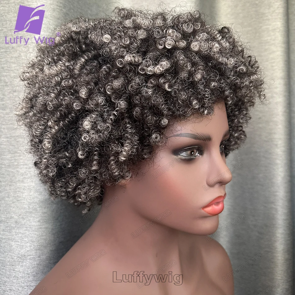 Salt and Pepper Grey Hair Short Tight Curly Human Hair Wig with Bangs Machine Made O Scalp Top Wig Glueless Bob Pixie Cut Wig