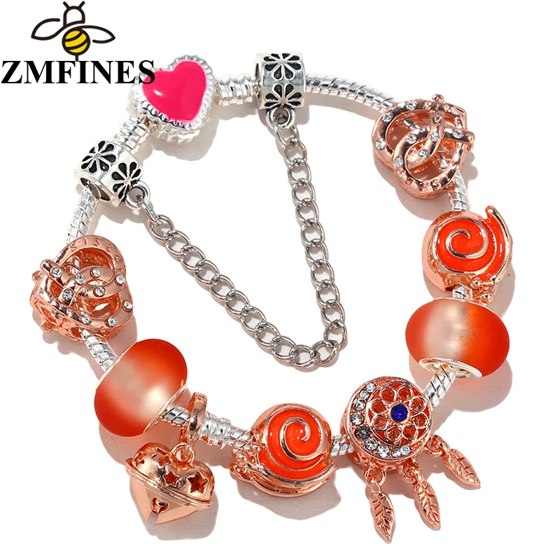 

Rose Gold Heart-Shaped Charm Beads Pendant DIY Snake Chain Charm Bracelet For Women Children Fashion Jewelry Dropshipping