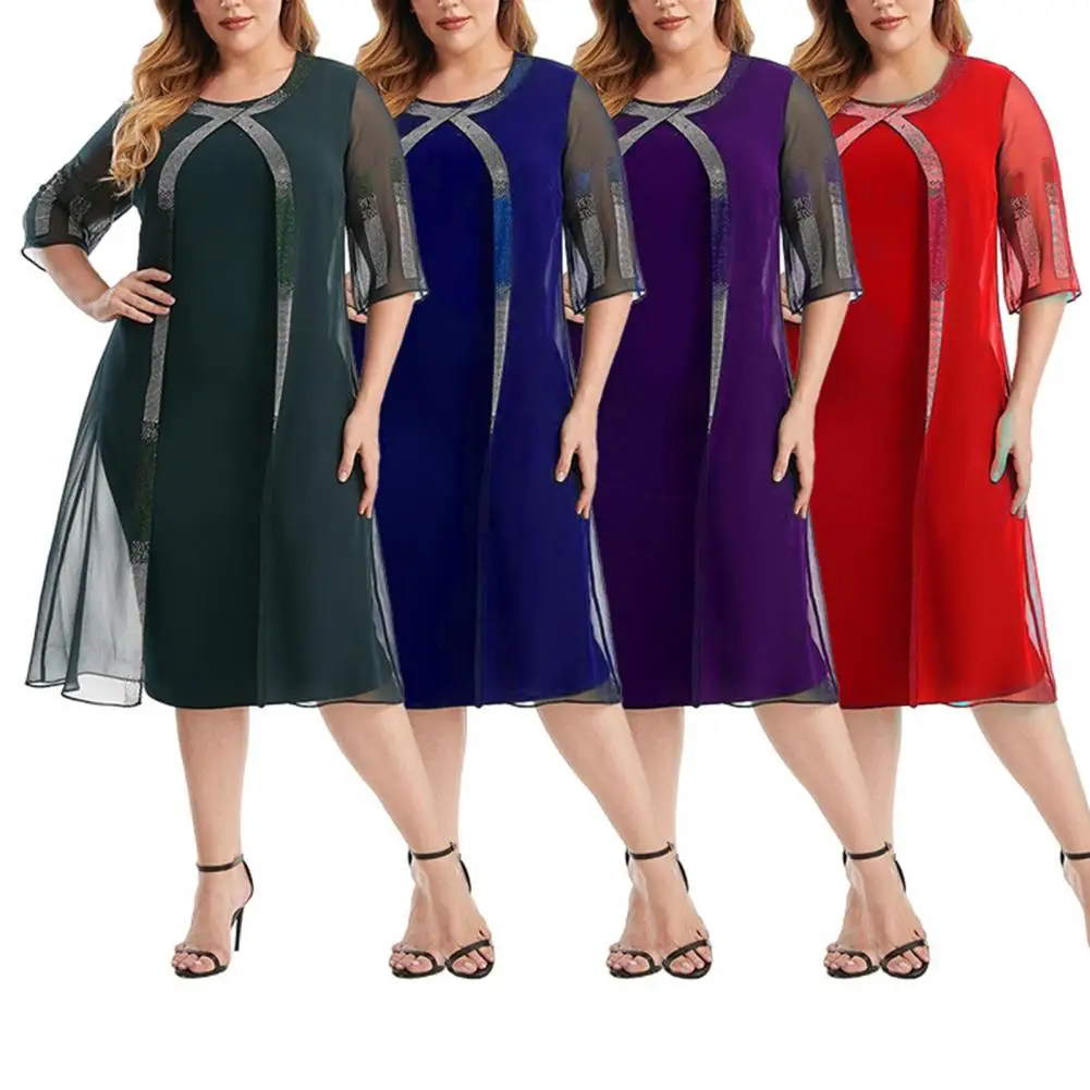 

Dresses O-neck Half Sleeve Hot Drilling Decor Women Dress Chiffon Cardigan Design Fake Two Pieces Plus Size Gown Dress Workwear