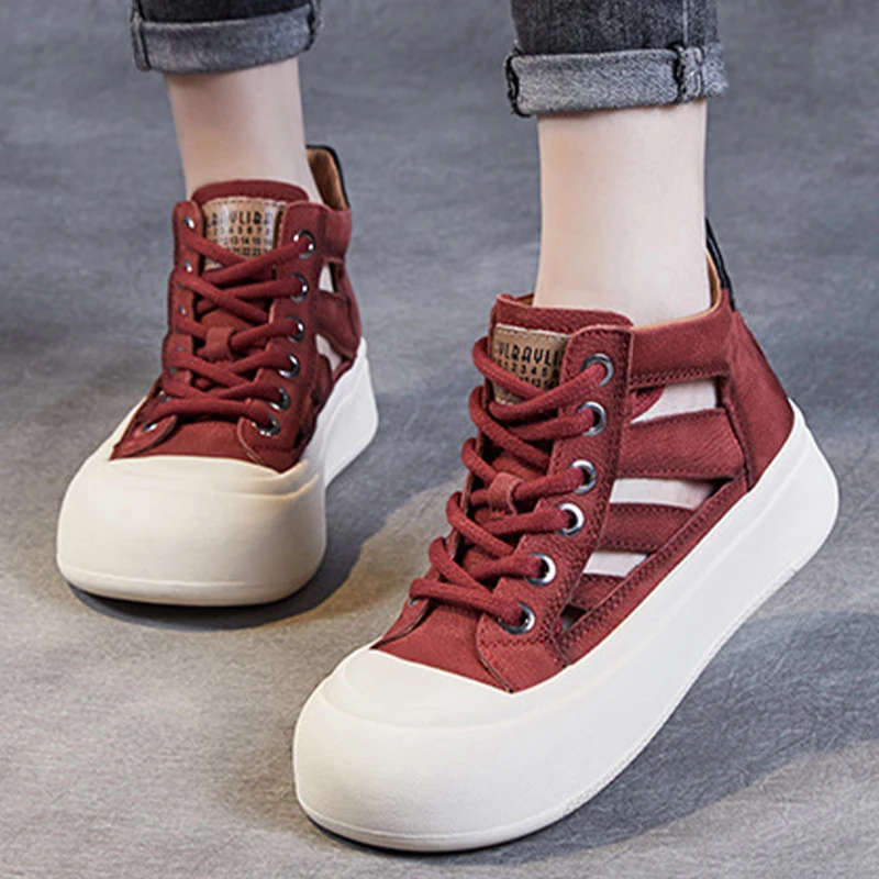 Thick Soled Women Sneakers Genuine Leather Breathable Shoes Summer Fashion Hollow Handmade Comfortable Roman Platform Sandals