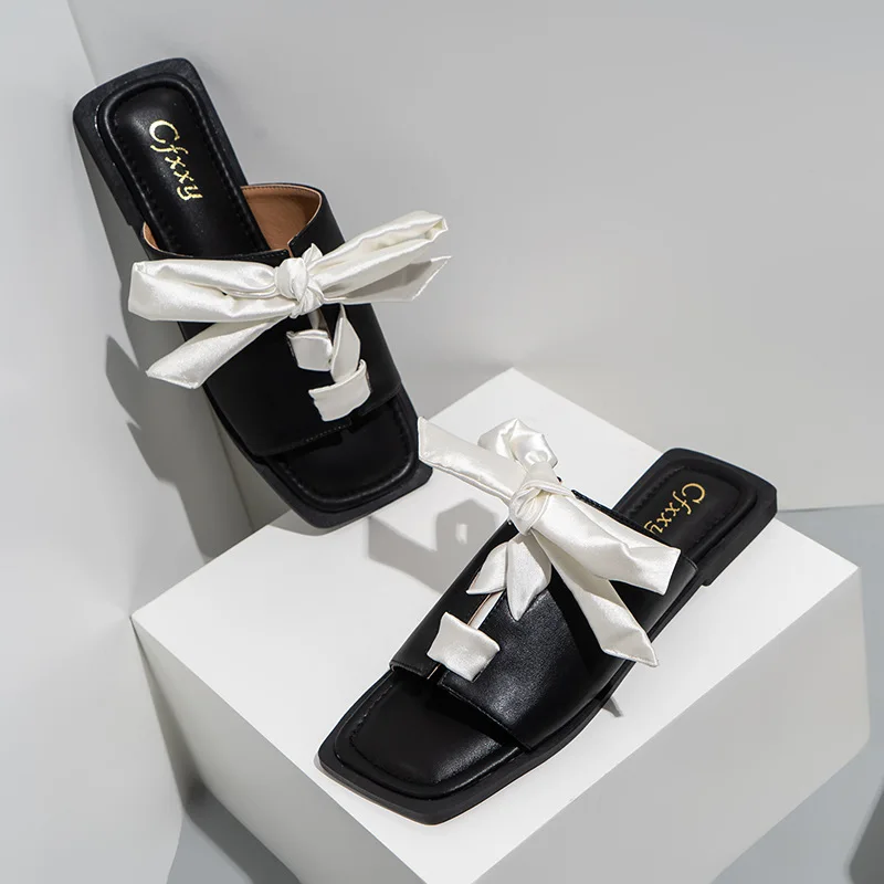 women sandals 2022 summer new trend flat silk bowknot square toe fashion luxury comfortable elegant sweet work beach ladies