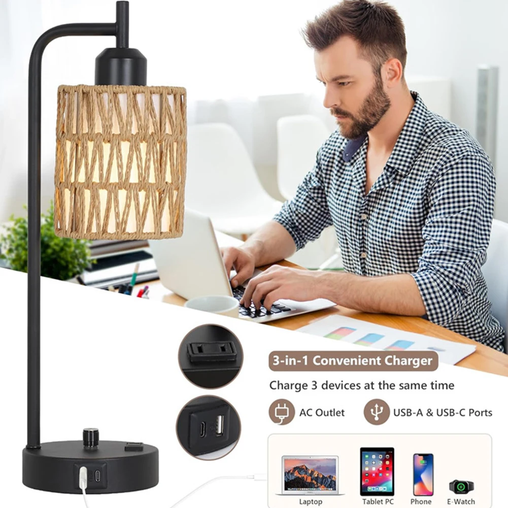 Настольная лампа из ротанга с регулируемой яркостью прикроватная USB C и портами A