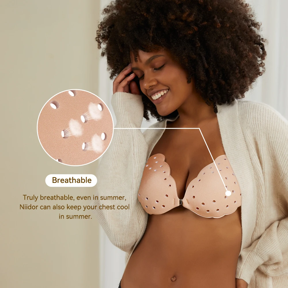 Niidor Adhesive Sticky Bra Invisible Strapless Breathable Skin Friendly Push Up Bras with Silicone Nipple Covers for Women Dress