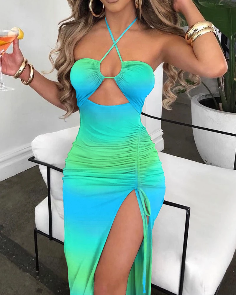 

Chicme Women Summer Sexy Ombre Cutout Drawstring Ruched High Slit Dress 2022 New Femme Maxi Pastel Tied Detail Bodycon Outfits R
