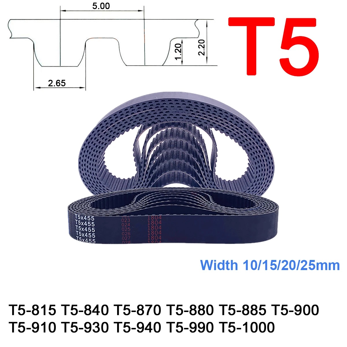 1Pc Width 10 15 20 25mm T5 Rubber Timing Belt Pitch Length 815 840 870 880 885 900 910 930 940 990 1000mm Synchronous Belt