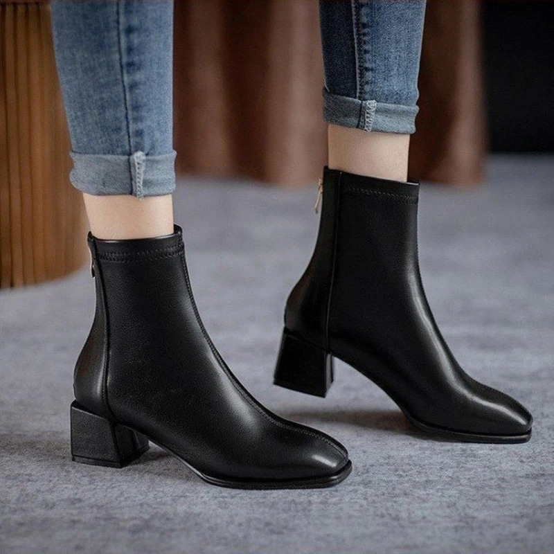 

Square Toe Short Tube Women Boots Thick Heel Mid-heel Autumn Ankle Low-heeled Shoe
