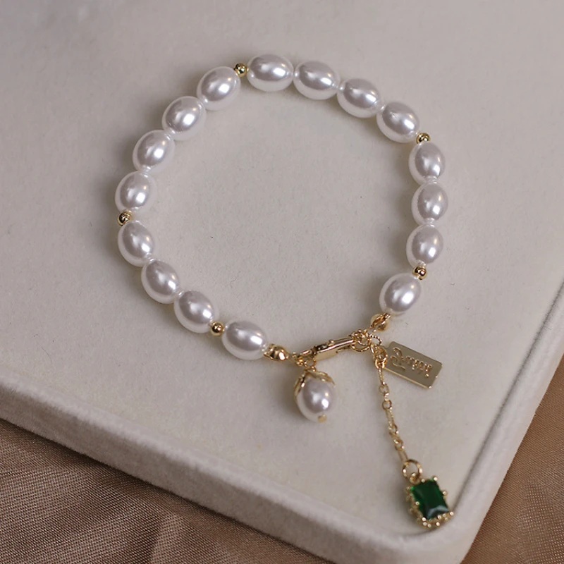 

Vintage Baroque Trendy Luxury Green Crystal Pearl Bracelet for Women Fashion Imitation White Bracelet Jewelry Anniversary Gifts