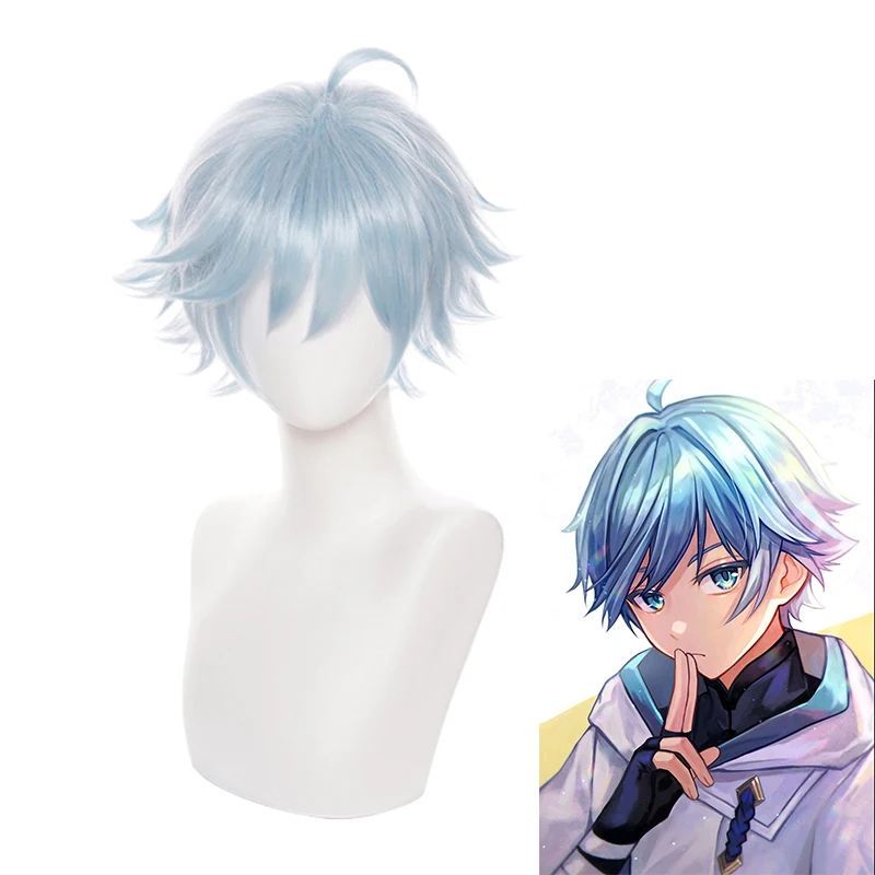 

Genshin Impact Chongyun Cosplay Game Anime Ice Blue Short Hair Wig Synthetic Hair Halloween Party Wigs + Wig Cap