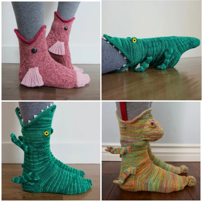 Вязаные рождественские носки, тапочки, теплые зимние Смешные Носки с рисунком акулы, рыбы, животных, двойная вязка, обувь для пола