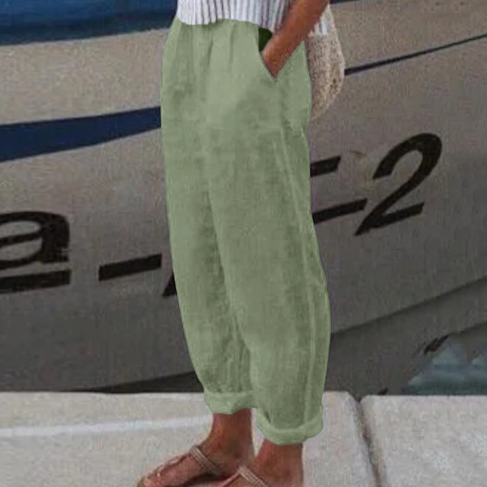 

Casual Cotton Long Trousers Summer Solid Color Pants Curl Pocket pantalettes High Waist Women Pants Loose Breathable Pantalon
