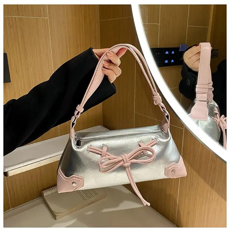 

JIAERDI Sweet Cool Bow Y2k Handbag Women Fairy Core Zipper Pu Leather Shoulder Bag Ladies Harajuku Silver Underarm Bags Purse