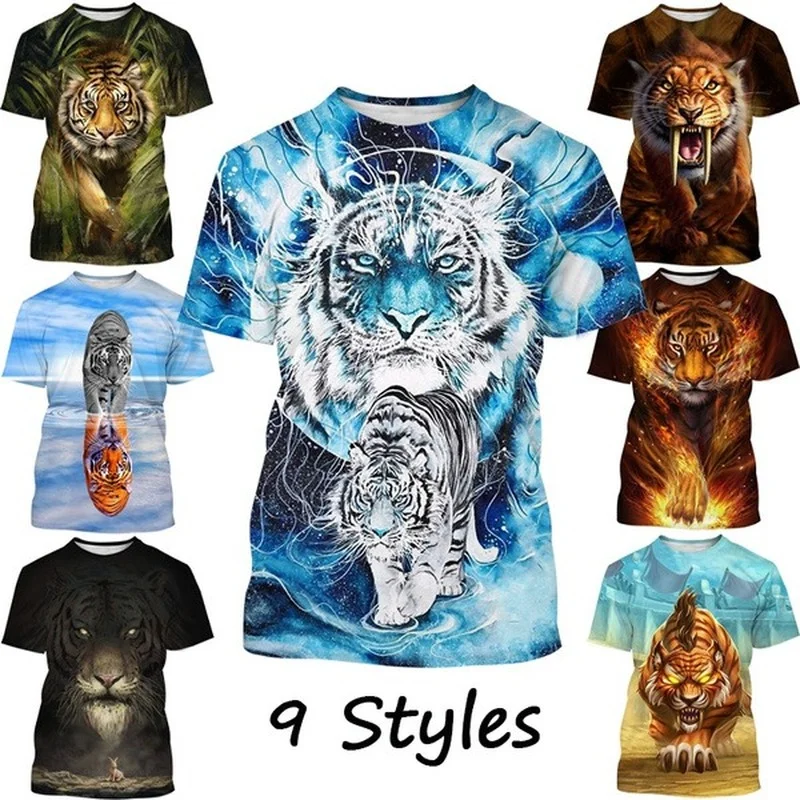 

Summer New Fashion Cool Tiger 3D Printing Men's Round Neck T-shirt Tops