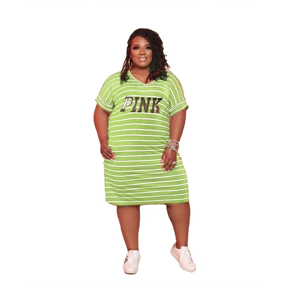 Plus Size Dresses Summer Women Clothing African Short Sleeve Stripe Loose Casual Midi Dress 3xl 4xl 5xl 6xl
