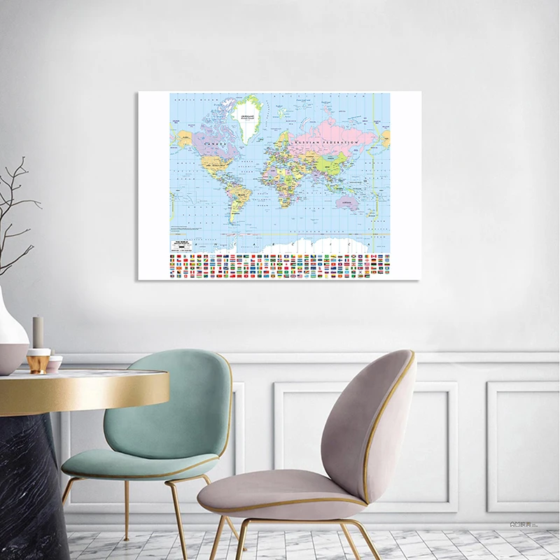 

150*100cm Map of The World with National Flags Vinyl Fabric Canvas Painting Wall Art Poster Office Home Decor School Supplies
