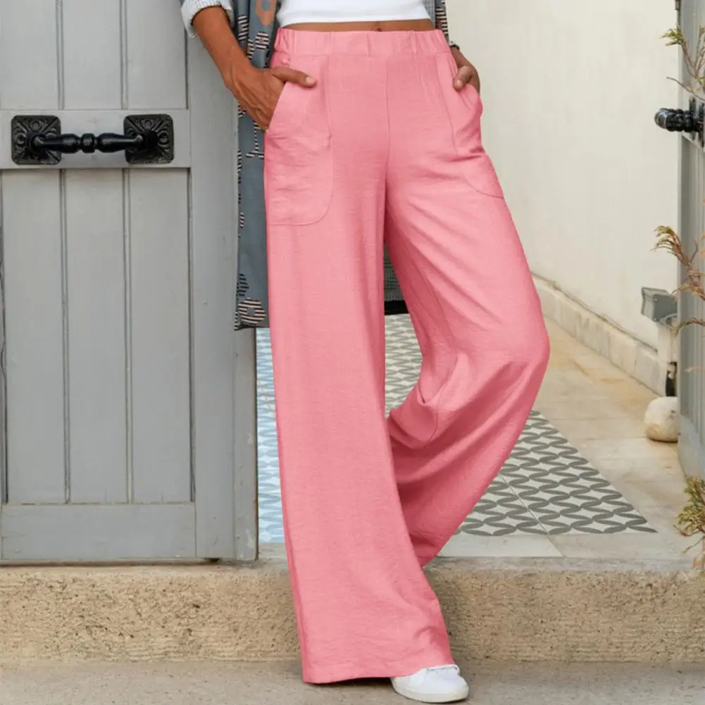 

Chic Spring Trousers Mid Waist Soft Autumn Pants Stretchy Waist Wide Leg Women Pants