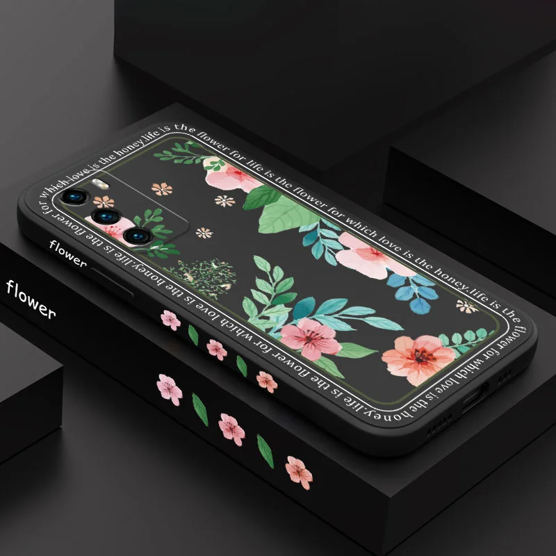

Border Flowers Phone Case For Huawei P40 P50 P30 P20 Pro Lite Nova 5t Y7A Mate 40 30 20 Pro Lite Liquid Silicone Cover