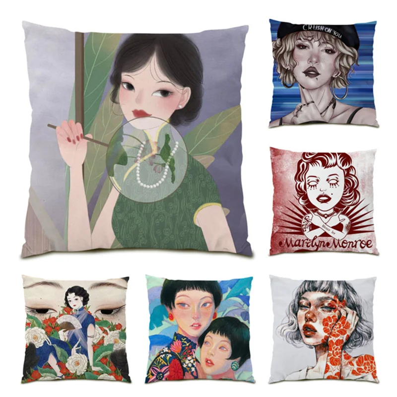

Sofa Decorative Pillow Cases Funny Figure Cushion Covers 45x45 Vintage Decoration Home Decor Velvet Retro Artistic Pattern E0524