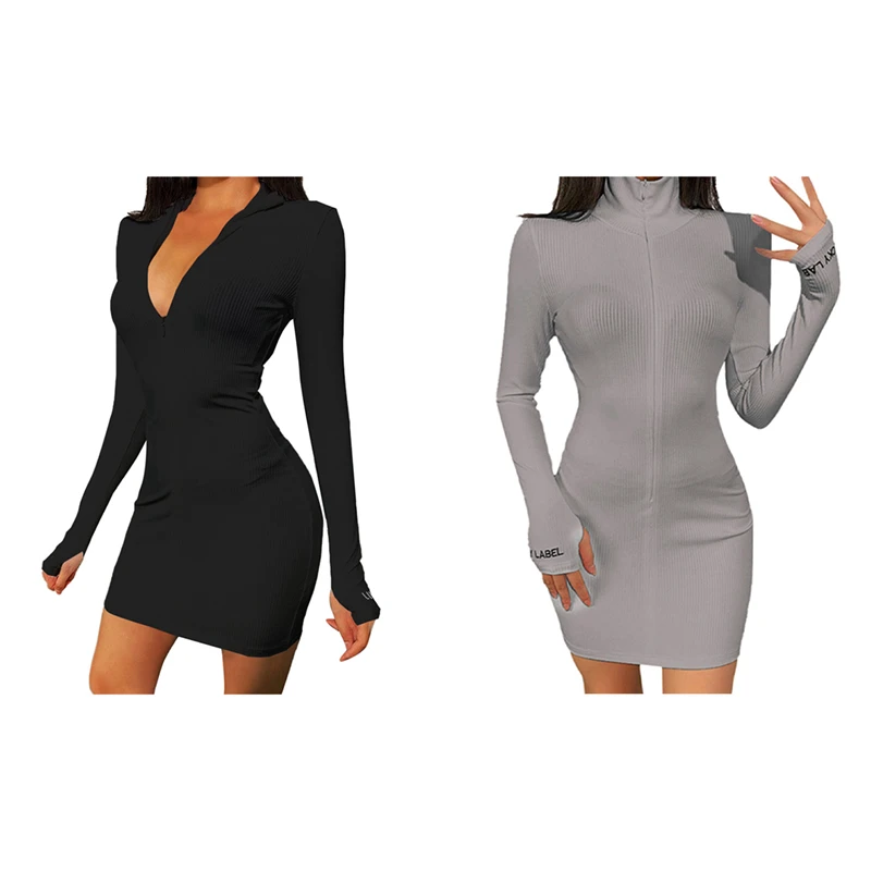 

2 Pcs Sexy Zipper V Neck Dress Women Casual Lucky Label Long Sleeve Knit Rib Bodycon Women Dress Black & Gray S